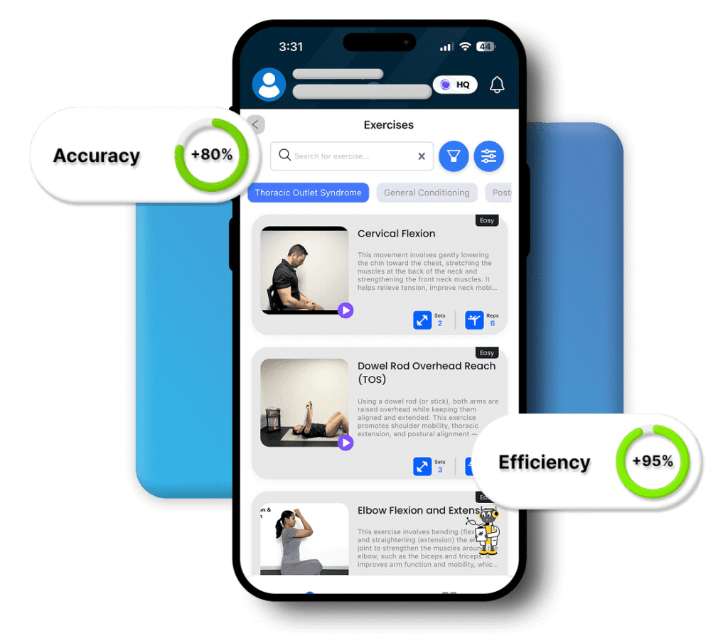 VitalWatch365 mobile app showing a list of guided exercises with accuracy and efficiency scores