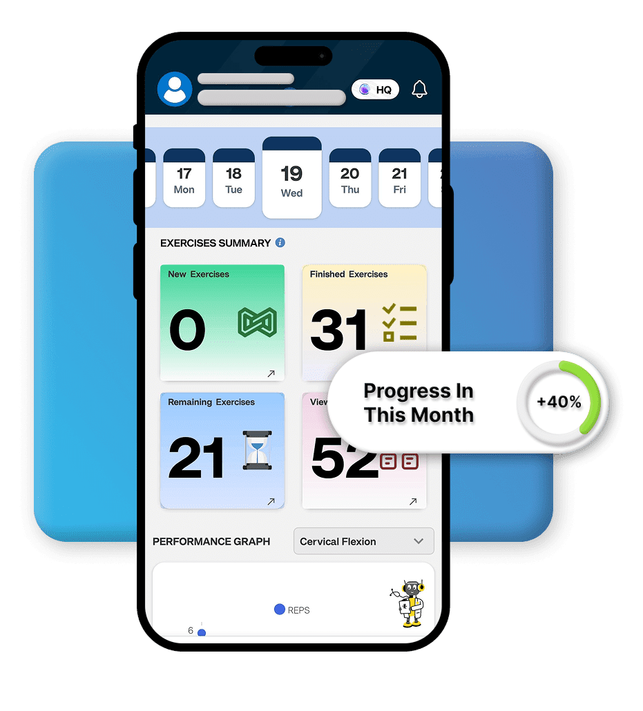 VitalWatch365 app dashboard showing exercises summary and a monthly progress graph